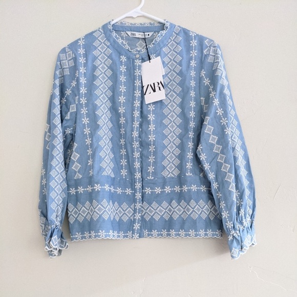 NWT ZARA EMBROIDERED SHIRT BLUE - Picture 4 of 5
